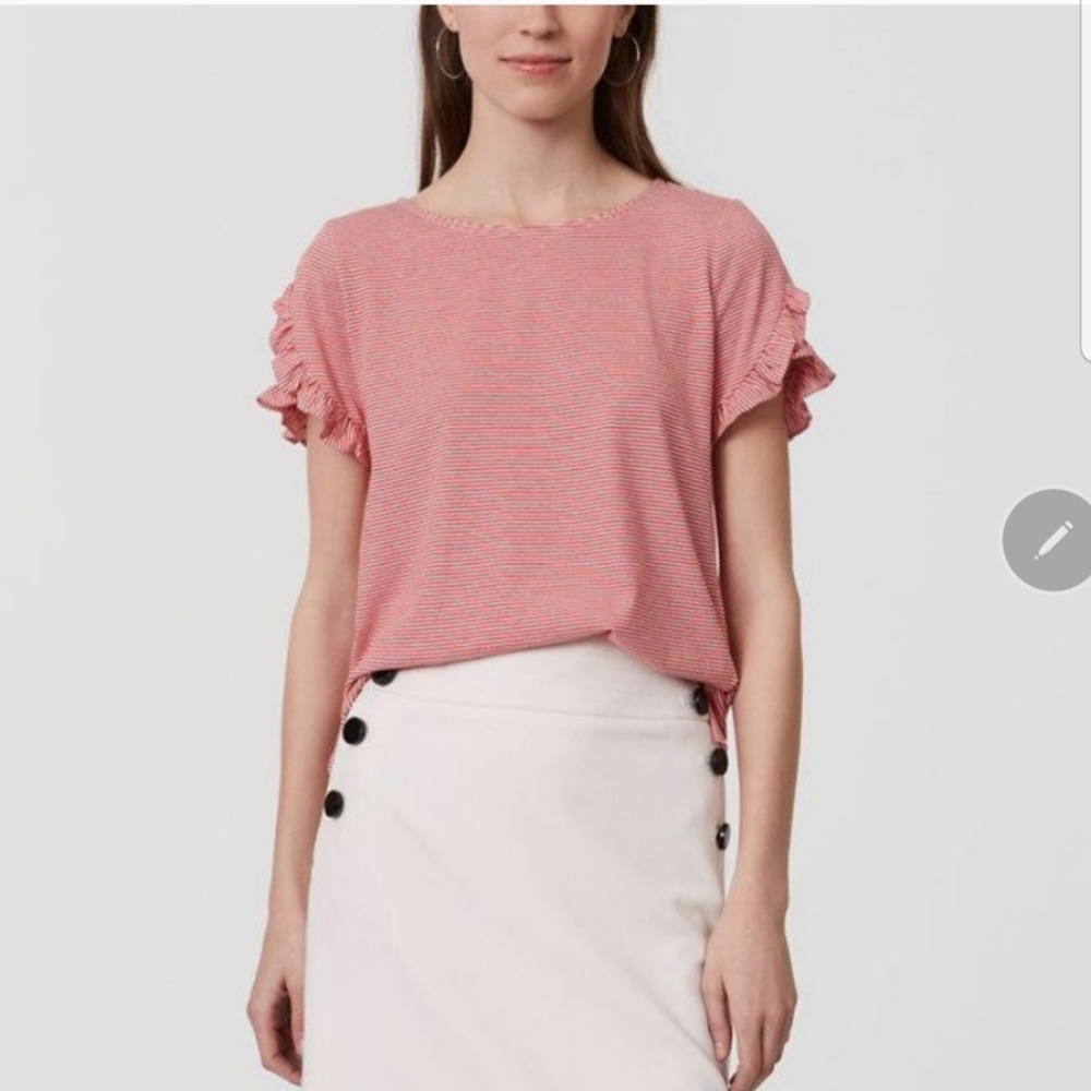 LOFT red/white Stripe ruffle sleeve Tee Small